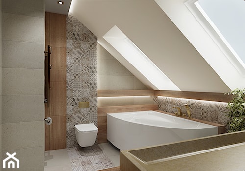 Łazienka ze skosami - Średnia na poddaszu z dwoma umywalkami z punktowym oświetleniem łazienka z oknem, styl nowoczesny - zdjęcie od All Design Agnieszka Lorenc