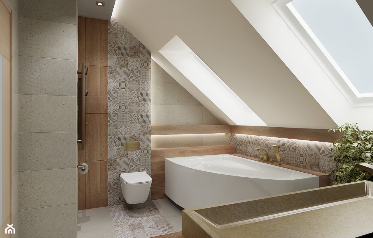 Łazienka ze skosami - Średnia na poddaszu z dwoma umywalkami z punktowym oświetleniem łazienka z oknem, styl nowoczesny - zdjęcie od All Design Agnieszka Lorenc - Homebook