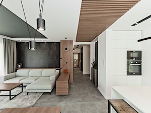 Realizacja mieszkania na wynajem Kraków z czernią i drewnem - Duży biały salon z kuchnią, styl nowoczesny - zdjęcie od All Design Agnieszka Lorenc