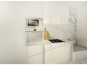 Projekt apartamentu 90m2 w Warszawie - Mała zamknięta szara z zabudowaną lodówką kuchnia jednorzędowa z oknem z marmurem nad blatem kuchennym, styl nowoczesny - zdjęcie od Interior Maker wnętrza