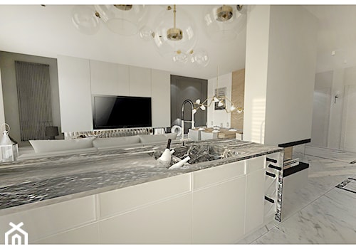 Projekt apartamentu 90m2 w Warszawie - Średnia z salonem biała z zabudowaną lodówką z podblatowym zlewozmywakiem kuchnia z wyspą lub półwyspem, styl nowoczesny - zdjęcie od Interior Maker wnętrza
