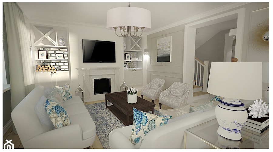 Projekt domu w Białymstoku - Średni beżowy biały salon z barkiem, styl glamour - zdjęcie od Interior Maker wnętrza