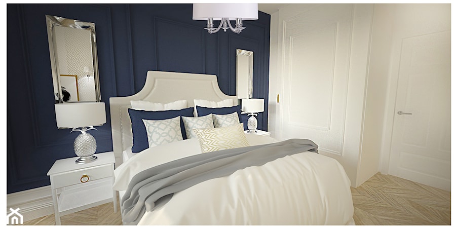Projekt apartamentu 55 m2 w Warszawie - Mała biała niebieska sypialnia, styl glamour - zdjęcie od Interior Maker wnętrza
