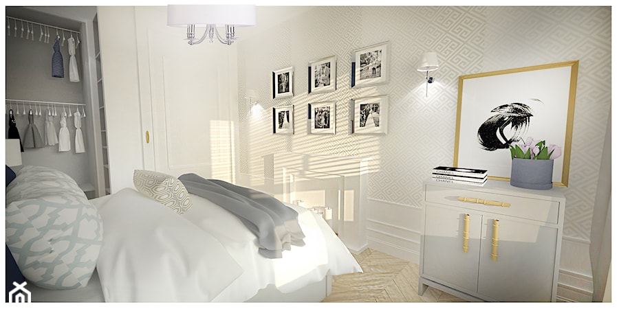 Projekt apartamentu 55 m2 w Warszawie - Mała szara sypialnia, styl glamour - zdjęcie od Interior Maker wnętrza