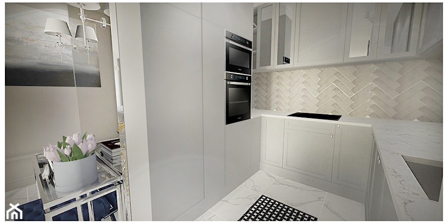 Projekt apartamentu 55 m2 w Warszawie - Mała otwarta szara z zabudowaną lodówką z podblatowym zlewozmywakiem kuchnia w kształcie litery u, styl glamour - zdjęcie od Interior Maker wnętrza