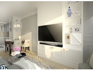 Projekt apartamentu 55 m2 w Warszawie - Średni biały szary salon z kuchnią z jadalnią, styl glamour - zdjęcie od Interior Maker wnętrza