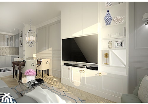 Projekt apartamentu 55 m2 w Warszawie - Średni biały szary salon z kuchnią z jadalnią, styl glamour - zdjęcie od Interior Maker wnętrza