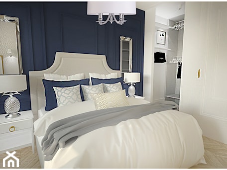Aranżacje wnętrz - Sypialnia: Projekt apartamentu 55 m2 w Warszawie - Mała biała niebieska sypialnia, styl glamour - Interior Maker wnętrza . Przeglądaj, dodawaj i zapisuj najlepsze zdjęcia, pomysły i inspiracje designerskie. W bazie mamy już prawie milion fotografii!