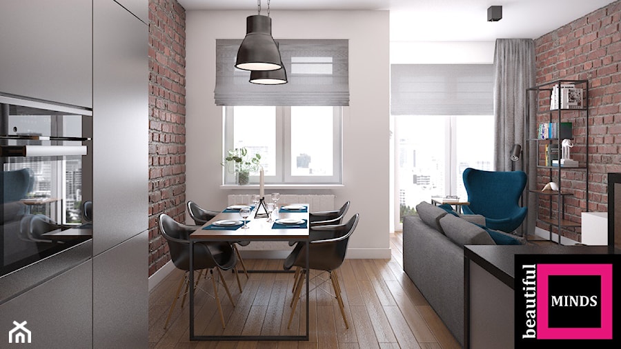 Apartament w sercu Warszawy - Mały biały brązowy salon z kuchnią z jadalnią, styl nowoczesny - zdjęcie od Beautiful Minds Projektowanie Wnętrz