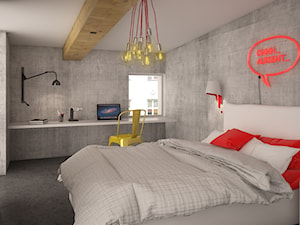 sypialnia z betonem architektonicznym w tle - zdjęcie od Beautiful Minds Projektowanie Wnętrz