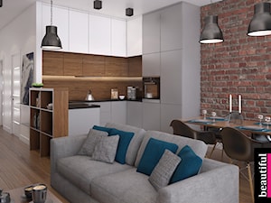 Apartament w sercu Warszawy - Średni biały brązowy salon z kuchnią z jadalnią, styl nowoczesny - zdjęcie od Beautiful Minds Projektowanie Wnętrz