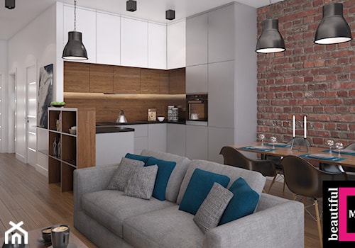 Apartament w sercu Warszawy - Średni biały brązowy salon z kuchnią z jadalnią, styl nowoczesny - zdjęcie od Beautiful Minds Projektowanie Wnętrz