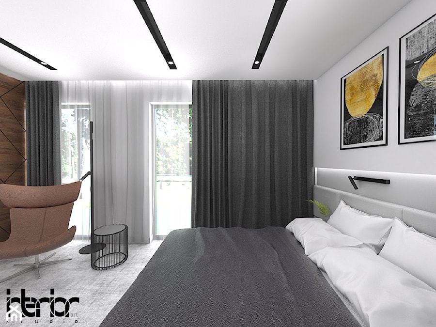 Dom z ciemnym drewnem - Średnia biała sypialnia z balkonem / tarasem, styl nowoczesny - zdjęcie od interior art studio