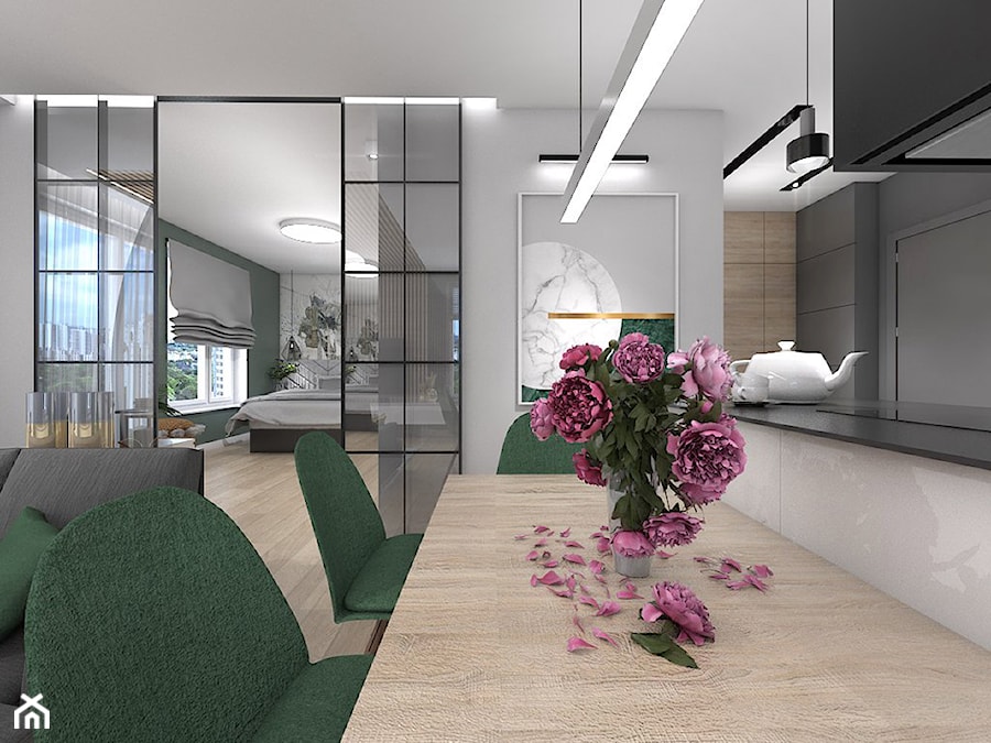 Projekt apartamentu w Warszawie - Średni czarny szary salon z kuchnią z jadalnią, styl nowoczesny - zdjęcie od interior art studio