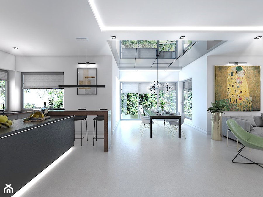Dom z elementami miedzi i złota - Duży szary salon z kuchnią z jadalnią, styl nowoczesny - zdjęcie od interior art studio
