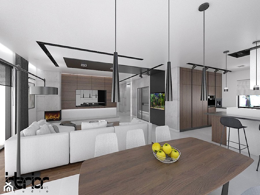 Dom z ciemnym drewnem - Duży brązowy szary salon z kuchnią z jadalnią, styl nowoczesny - zdjęcie od interior art studio