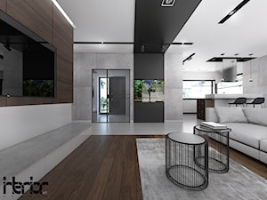 Dom z ciemnym drewnem - Duży brązowy szary salon z kuchnią, styl nowoczesny - zdjęcie od interior art studio