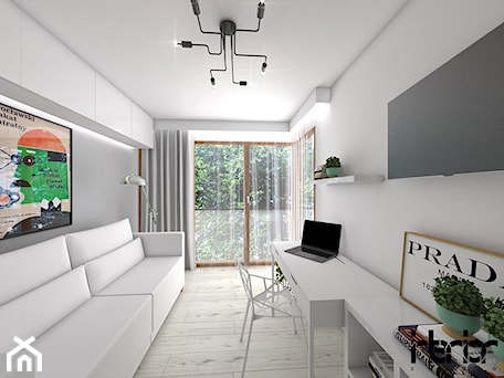 Aranżacje wnętrz - Biuro: Apartament młodzieżowy - Średnie w osobnym pomieszczeniu z sofą białe szare biuro, styl nowoczesny - interior art studio. Przeglądaj, dodawaj i zapisuj najlepsze zdjęcia, pomysły i inspiracje designerskie. W bazie mamy już prawie milion fotografii!