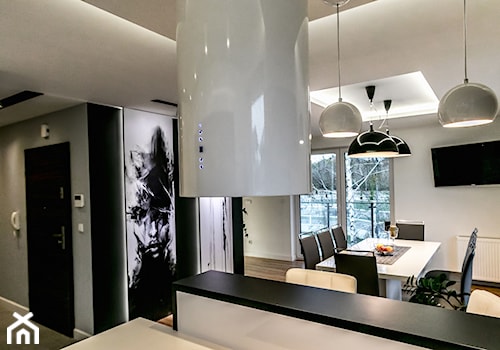 Sesja zdjęciowa nowoczesnego dwupoziomowego apartamentu w Lublinie - Średnia otwarta z salonem z kamiennym blatem szara z zabudowaną lodówką kuchnia dwurzędowa z oknem, styl nowoczesny - zdjęcie od interior art studio