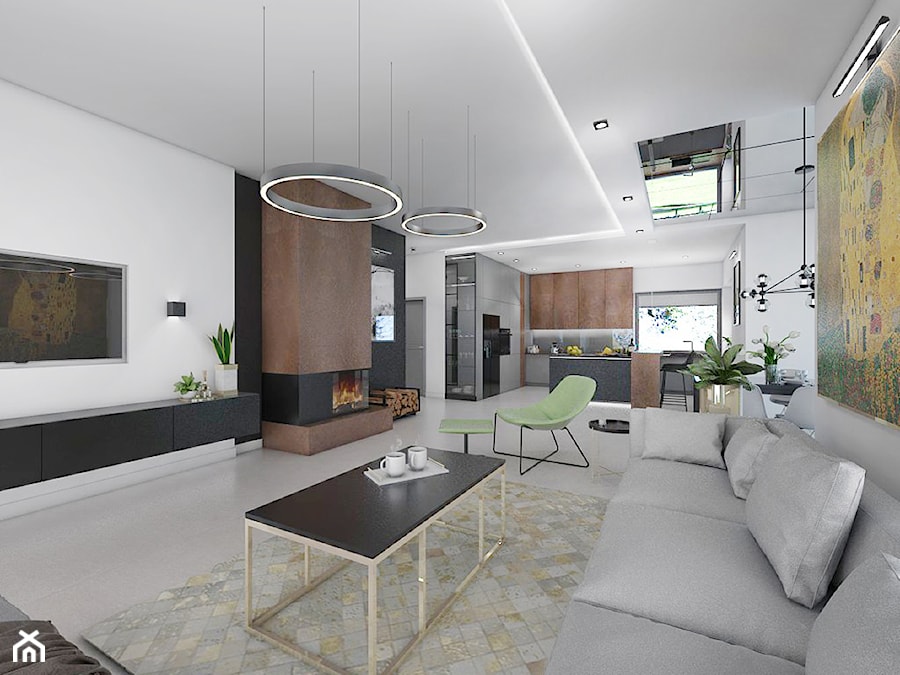 Dom z elementami miedzi i złota - Duży czarny szary salon z kuchnią z jadalnią, styl nowoczesny - zdjęcie od interior art studio
