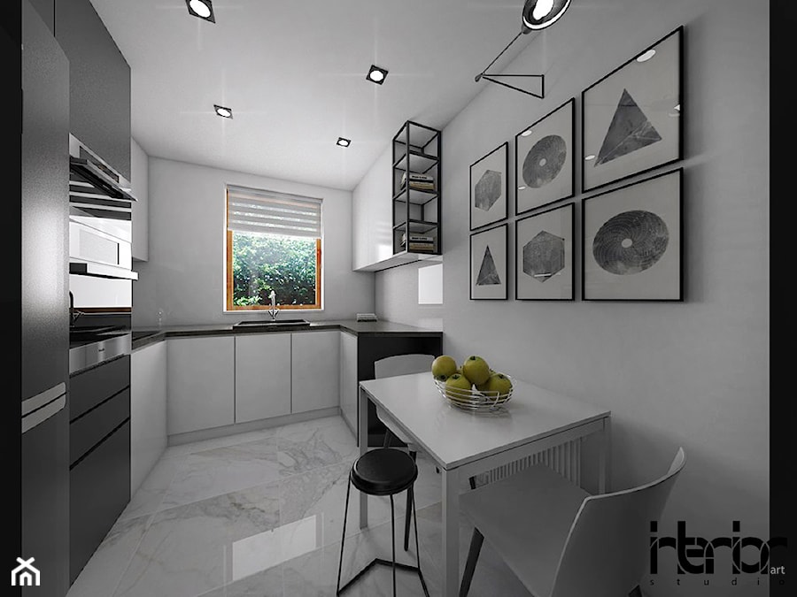 Apartament młodzieżowy - Średnia zamknięta z kamiennym blatem szara z zabudowaną lodówką z nablatowym zlewozmywakiem kuchnia w kształcie litery u z oknem, styl nowoczesny - zdjęcie od interior art studio