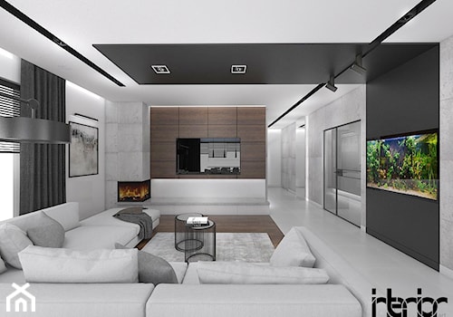 Dom z ciemnym drewnem - Średni biały czarny szary salon, styl nowoczesny - zdjęcie od interior art studio