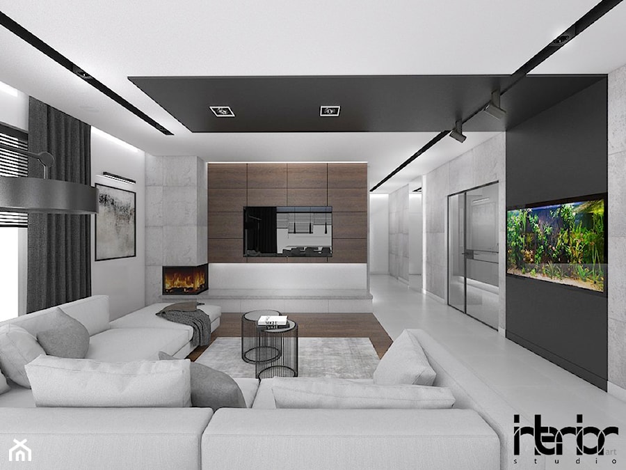 Dom z ciemnym drewnem - Średni biały czarny szary salon, styl nowoczesny - zdjęcie od interior art studio