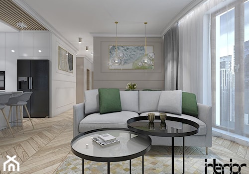 Apartament w Warszawie - Średni beżowy biały salon z kuchnią z jadalnią, styl glamour - zdjęcie od interior art studio