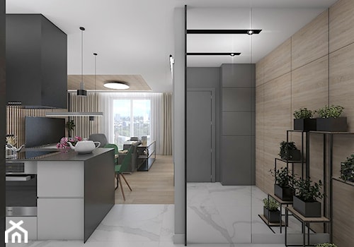 Projekt apartamentu w Warszawie - Średni czarny szary salon z kuchnią z jadalnią, styl nowoczesny - zdjęcie od interior art studio