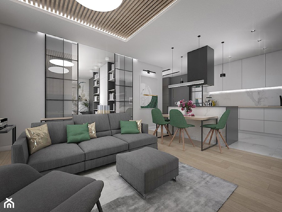 Projekt apartamentu w Warszawie - Średni szary salon z kuchnią z jadalnią, styl nowoczesny - zdjęcie od interior art studio