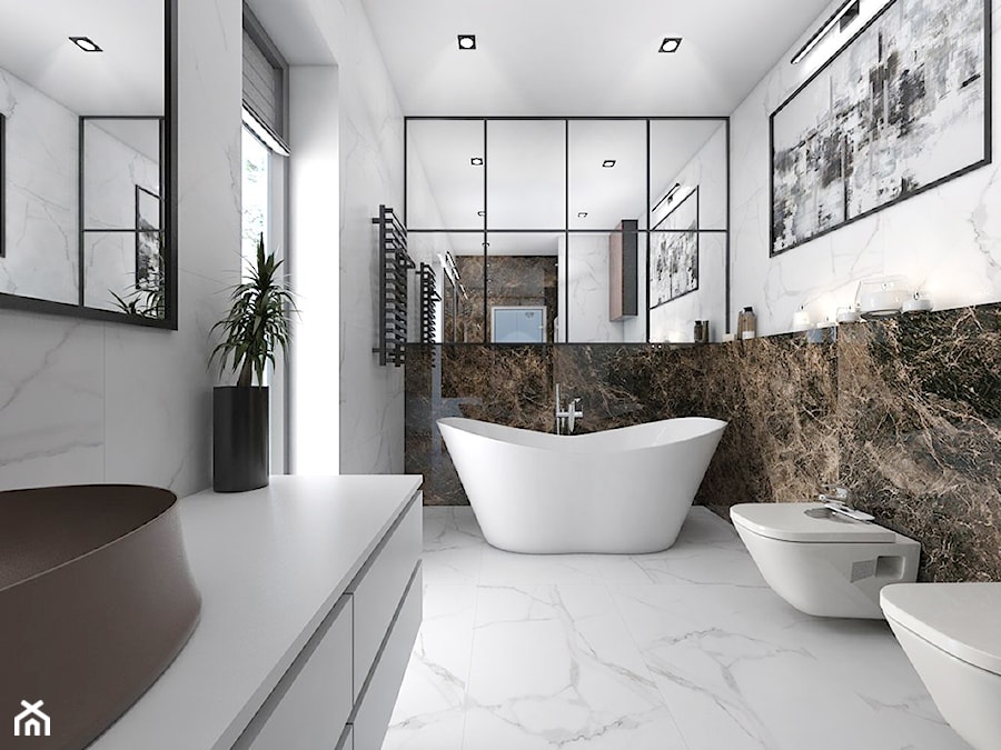 Dom z elementami miedzi i złota - Średnia z lustrem z marmurową podłogą z punktowym oświetleniem łazienka z oknem, styl nowoczesny - zdjęcie od interior art studio