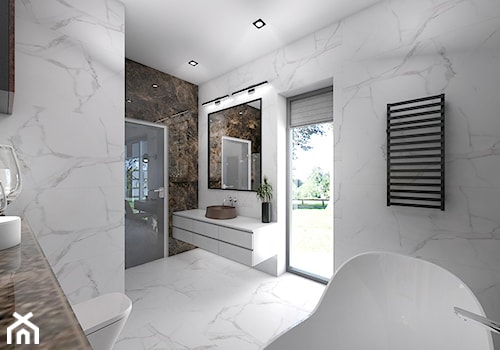 Dom z elementami miedzi i złota - Duża z lustrem z marmurową podłogą z punktowym oświetleniem łazienka z oknem, styl nowoczesny - zdjęcie od interior art studio