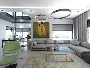 Dom z elementami miedzi i złota - Duży szary salon z jadalnią, styl nowoczesny - zdjęcie od interior art studio