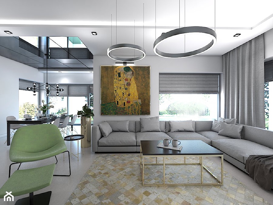 Dom z elementami miedzi i złota - Duży szary salon z jadalnią, styl nowoczesny - zdjęcie od interior art studio