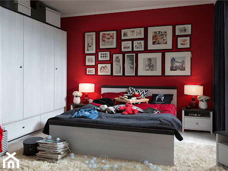 Aranżacje wnętrz - Sypialnia: Porto - Średnia biała czerwona sypialnia - Black Red White. Przeglądaj, dodawaj i zapisuj najlepsze zdjęcia, pomysły i inspiracje designerskie. W bazie mamy już prawie milion fotografii!