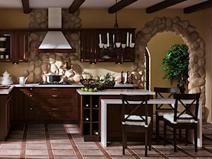 kuchnie - Duża otwarta z zabudowaną lodówką kuchnia w kształcie litery l w kształcie litery g z wyspą lub półwyspem z marmurem nad blatem kuchennym, styl rustykalny - zdjęcie od Black Red White