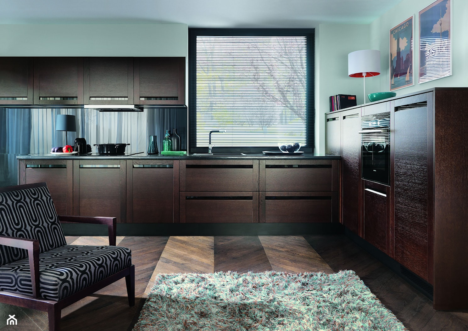kuchnie - Średnia otwarta z salonem z kamiennym blatem zielona z zabudowaną lodówką kuchnia w kształcie litery l, styl nowoczesny - zdjęcie od Black Red White - Homebook