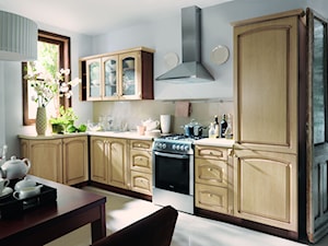 kuchnie - Średnia otwarta z salonem biała z zabudowaną lodówką z lodówką wolnostojącą kuchnia w kształcie litery l z oknem, styl tradycyjny - zdjęcie od Black Red White