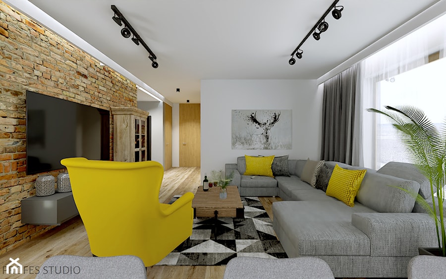 Ciepłe wnętrz salonu: cegła, kolor naturalnego drewna - Salon, styl industrialny - zdjęcie od PROFES STUDIO Sylwia Fabjan-Jaros -Architekt wnętrz