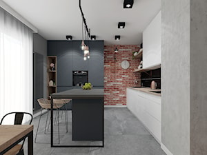 Projekt Mieszkania w stylu nowoczesno-industrialnym - Duża otwarta szara z zabudowaną lodówką z nablatowym zlewozmywakiem kuchnia w kształcie litery l z oknem, styl industrialny - zdjęcie od PIKA DESIGN