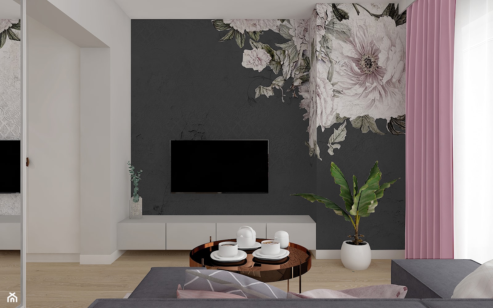 W pudrowym różu - Mały biały czarny salon, styl nowoczesny - zdjęcie od PIKA DESIGN - Homebook