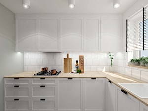 Sage - Średnia beżowa biała z zabudowaną lodówką z podblatowym zlewozmywakiem kuchnia w kształcie litery l z oknem, styl skandynawski - zdjęcie od PIKA DESIGN