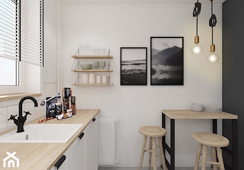 Sage - Mała zamknięta biała czarna z nablatowym zlewozmywakiem kuchnia jednorzędowa z oknem, styl skandynawski - zdjęcie od PIKA DESIGN