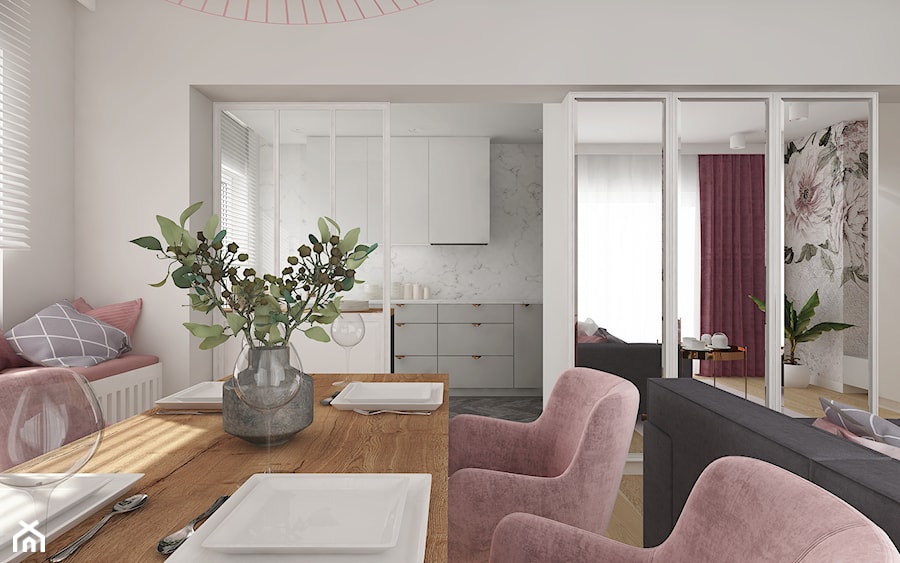W pudrowym różu - Średnia biała jadalnia w salonie, styl nowoczesny - zdjęcie od PIKA DESIGN