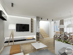 elegancki dom - Średni biały szary salon z jadalnią z barkiem, styl nowoczesny - zdjęcie od tarna design studio