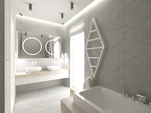elegancki dom - Średnia na poddaszu z lustrem z dwoma umywalkami z punktowym oświetleniem łazienka z oknem, styl nowoczesny - zdjęcie od tarna design studio