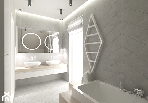 elegancki dom - Średnia na poddaszu z lustrem z dwoma umywalkami z punktowym oświetleniem łazienka z oknem, styl nowoczesny - zdjęcie od tarna design studio