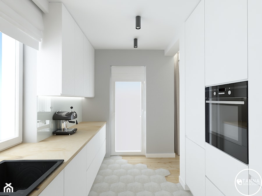 elegancki dom - Średnia otwarta szara z zabudowaną lodówką z podblatowym zlewozmywakiem kuchnia dwurzędowa z oknem, styl nowoczesny - zdjęcie od tarna design studio