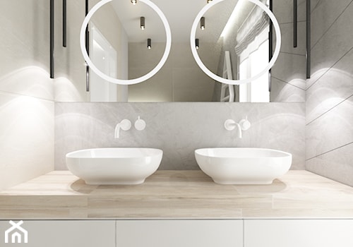 elegancki dom - Z lustrem z dwoma umywalkami z punktowym oświetleniem łazienka z oknem, styl nowoczesny - zdjęcie od tarna design studio