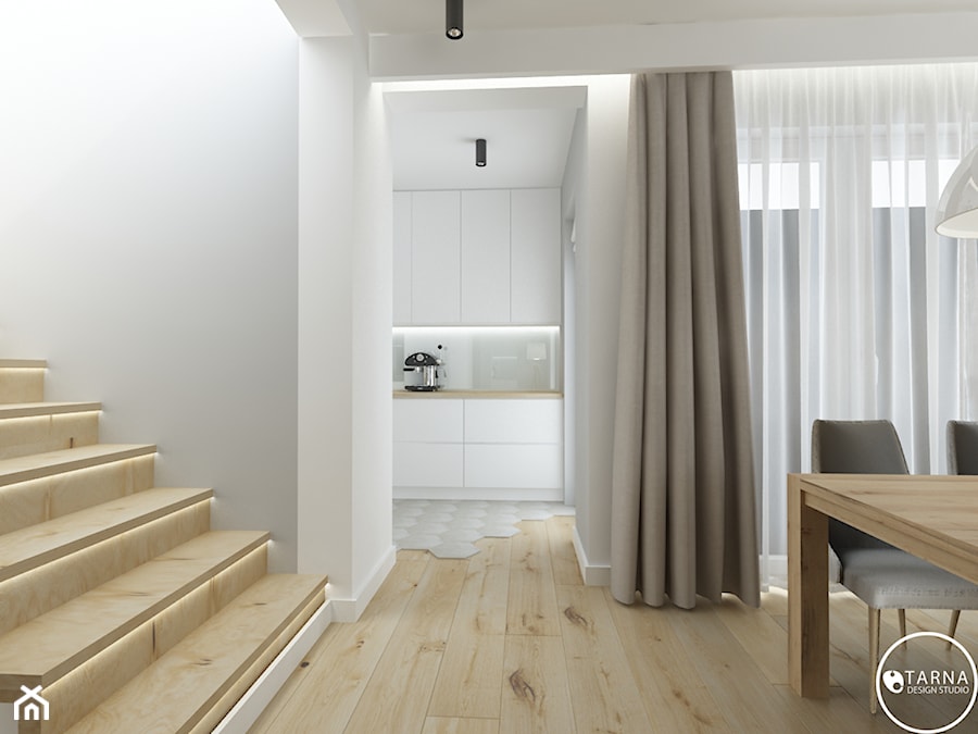 elegancki dom - Mały biały szary salon z kuchnią z jadalnią, styl nowoczesny - zdjęcie od tarna design studio